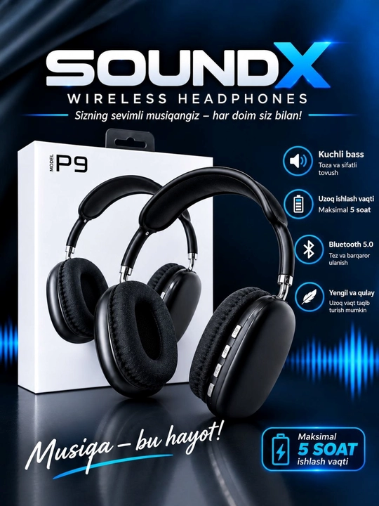 Simsiz bluetooth P9 quloqchinlari mikrofon bilan 100A MAX, quloqchin