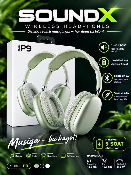 Simsiz bluetooth P9 quloqchinlari mikrofon bilan 100A MAX, quloqchin