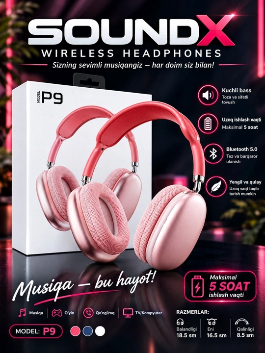 Simsiz bluetooth P9 quloqchinlari mikrofon bilan 100A MAX, quloqchin