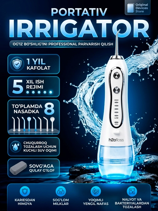 Tishlar uchun H2ofloss og‘iz bo‘shlig‘i uchun portativ irrigator - 