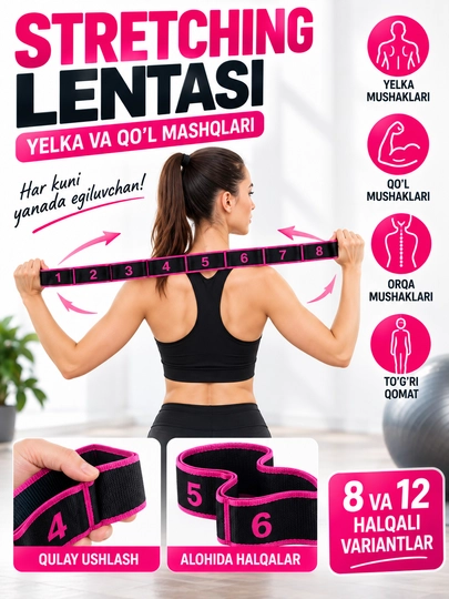 Cho‘zilish, yoga, pilates va fitnes uchun 8 va 12 halqali elastik tasma - 