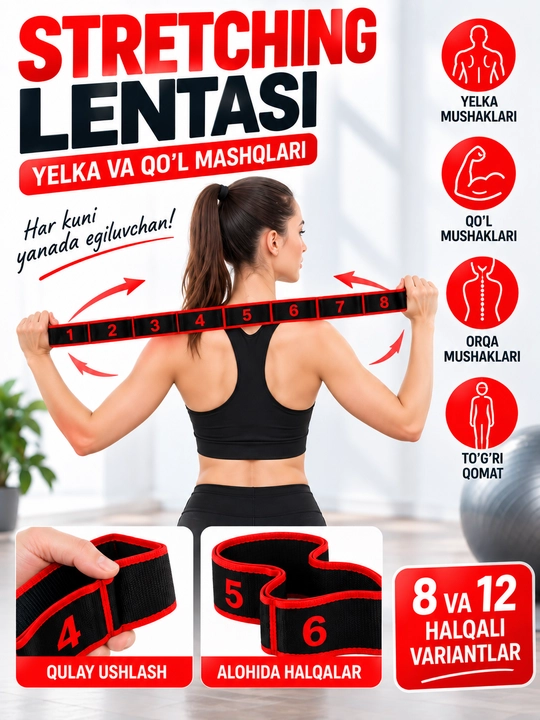 Cho‘zilish, yoga, pilates va fitnes uchun 8 va 12 halqali elastik tasma - 