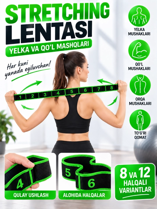 Cho‘zilish, yoga, pilates va fitnes uchun 8 va 12 halqali elastik tasma - 
