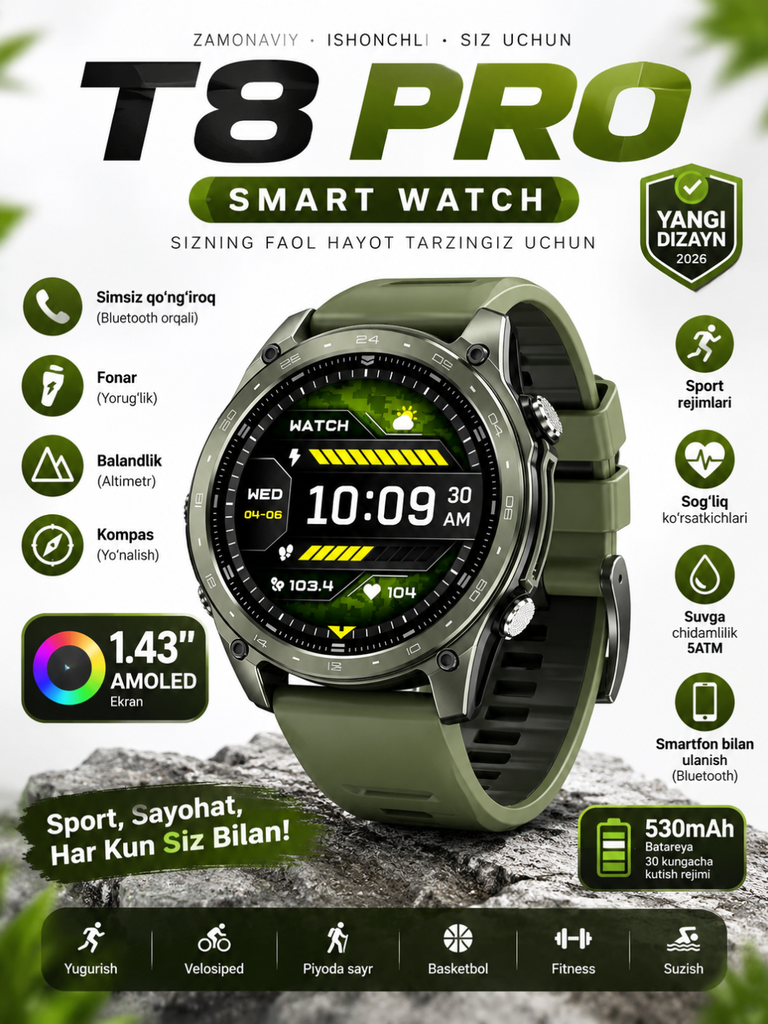 Erkaklar uchun aqlli soat T8 Pro Yashil, Green 1.43 AMOLED smart wach - 