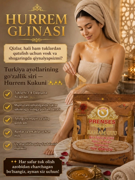 Prenses Hamam Otu depilyatsiya kukuni, Hurrem kukuni - Ayollar depilyatsiya uchun kukun