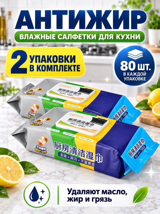 Влажные салфетки для уборки и кухни, 80 шт, XXL, с ароматом лимона - 
