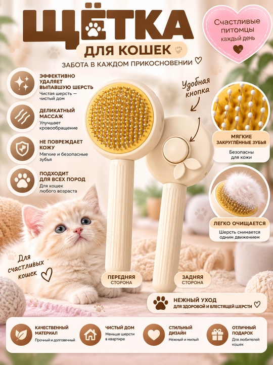 Щётка-пуходёрка для кошек, с мягкими закруглёнными зубьями и кнопкой для очистки от шерсти - 