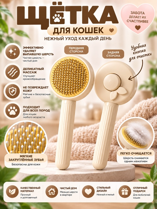 Щётка-пуходёрка для кошек, с мягкими закруглёнными зубьями и кнопкой для очистки от шерсти