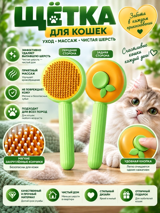 Щётка-пуходёрка для кошек, с мягкими закруглёнными зубьями и кнопкой для очистки от шерсти - 