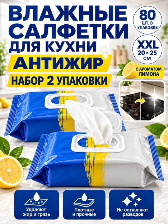 Влажные салфетки для уборки и кухни, 80 шт, XXL, с ароматом лимона - 
