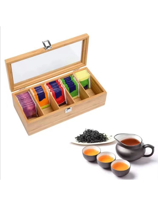 Choy paketlari uchun bambuk organayzer, shisha qopqoqli yog'och quti, 5 qismli - 