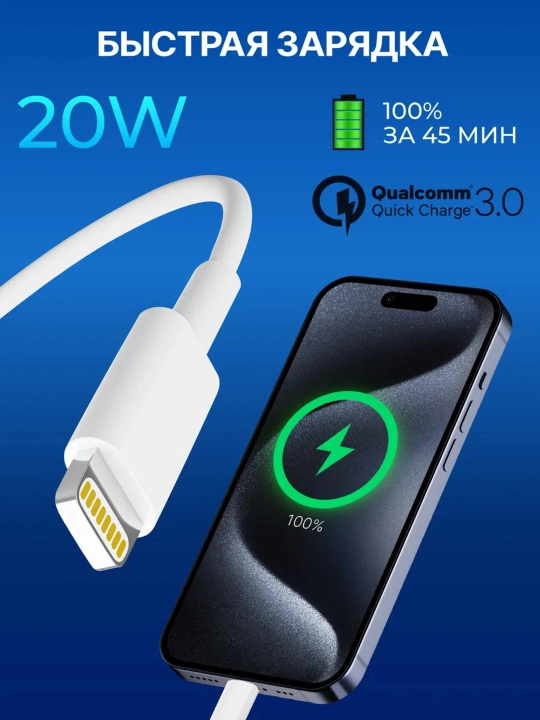 Зарядное устройство для iPhone 20W, быстрая зарядка, Type-C, кабели Lightning и Type-C