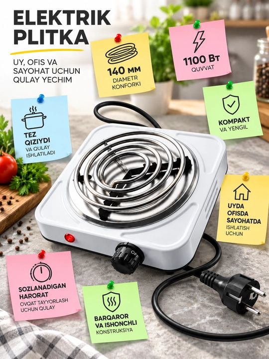 Elektr plita, elektr konforka, oshxona plitasi, 1100 Vt plita, 140 mm konforka