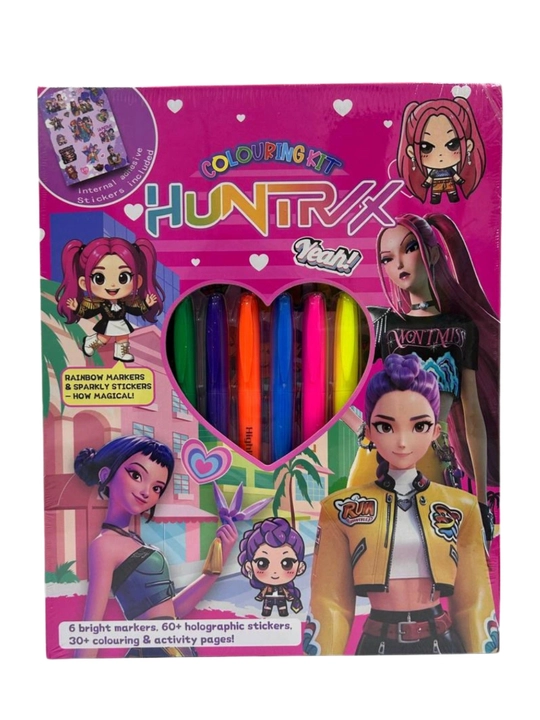 Huntrix bolalar ijodiy to‘plami, bo‘yoqli markerlar 6 dona, bo‘yash albomi va stikerlar - 