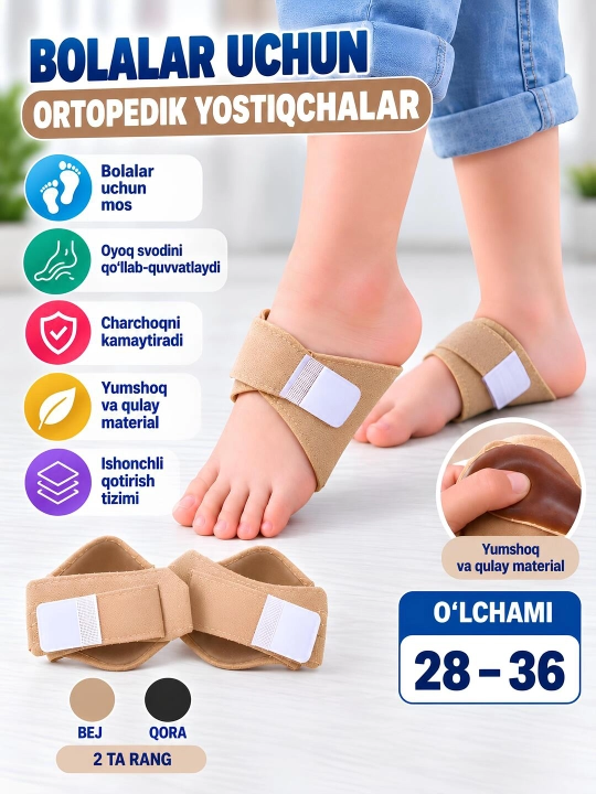 Yassi oyoqlar uchun ortopedik yostiqlar, ploskastopiya uchun bandaj-supinator