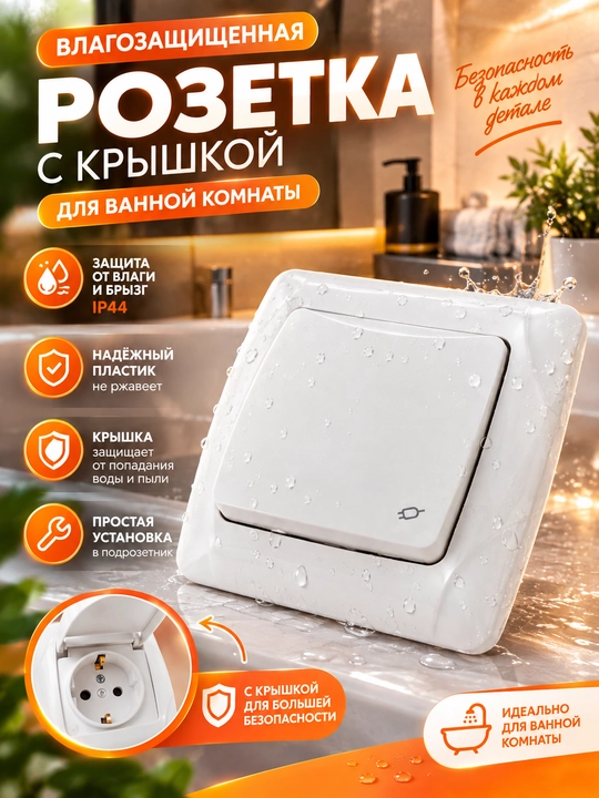 Розетка с крышкой TDM ELECTRIC Онега SQ1805-0014, 16А 250В, IP44, белая - 