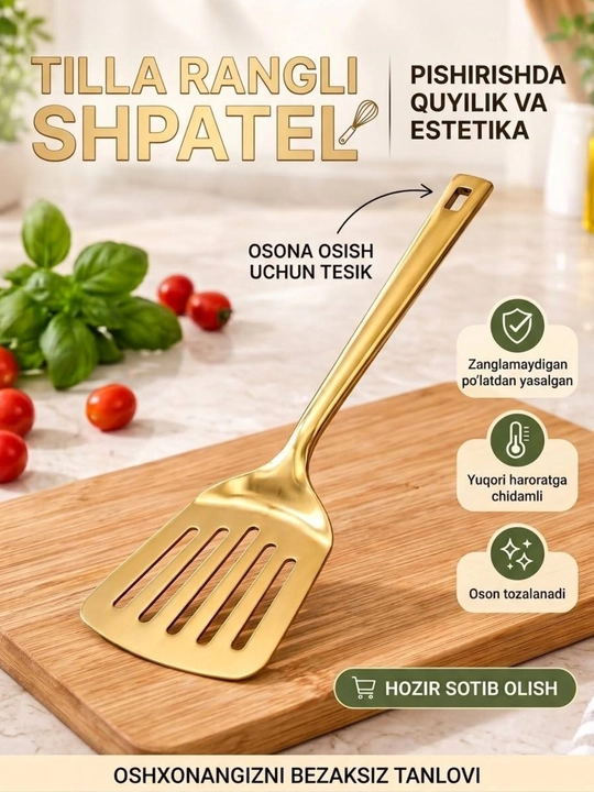 Tilla va metal kapkir va osh qoshiq, shpatel oshxona anjomlar to'plami