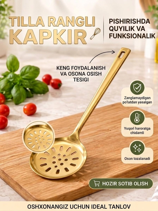 Tilla va metal kapkir va osh qoshiq, shpatel oshxona anjomlar to'plami