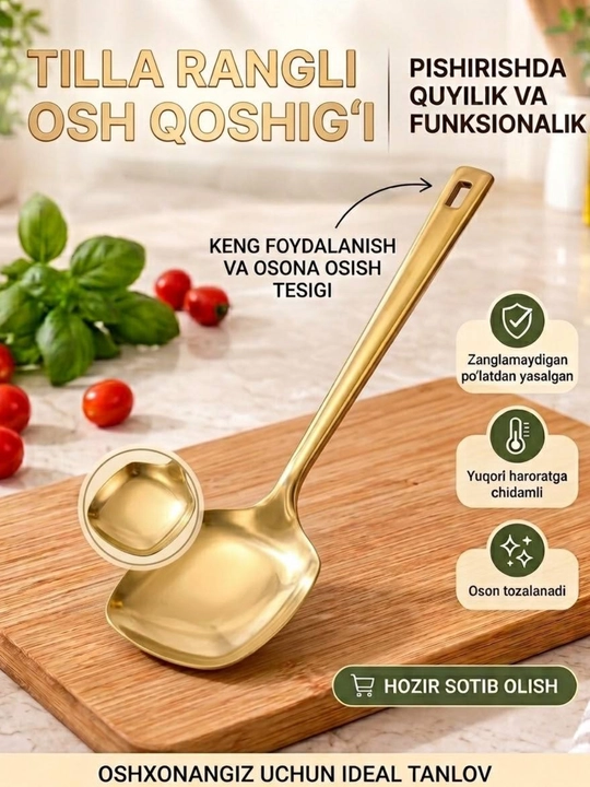 Tilla va metal kapkir va osh qoshiq, shpatel oshxona anjomlar to'plami