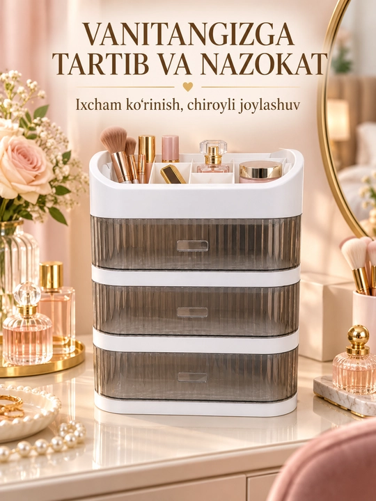 Ayollar atirlari va kosmetikasi uchun tortmali organayzer, 3 va 4 qavatli