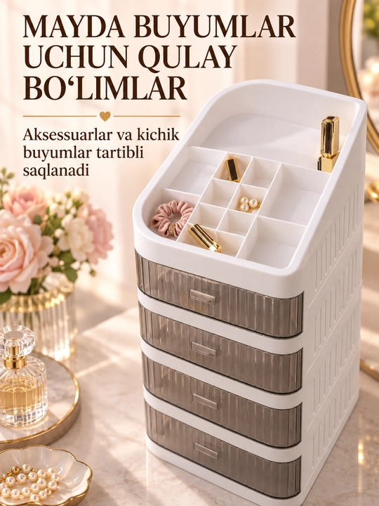 Ayollar atirlari va kosmetikasi uchun tortmali organayzer, 3 va 4 qavatli