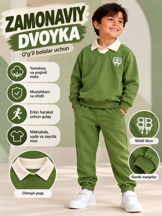 O‘g‘il bola uchun bolalar sport kostyumi, dvoyka kostyum, svitshot va shim - 