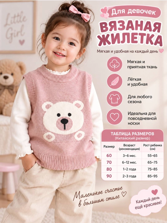 Вязаная жилетка для девочки, детская трикотажная жилетка, безрукавка, детская одежда - 