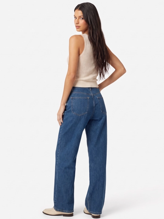 UMA ayollar uchun baland belli, asosiy Wide Leg jinsi shim