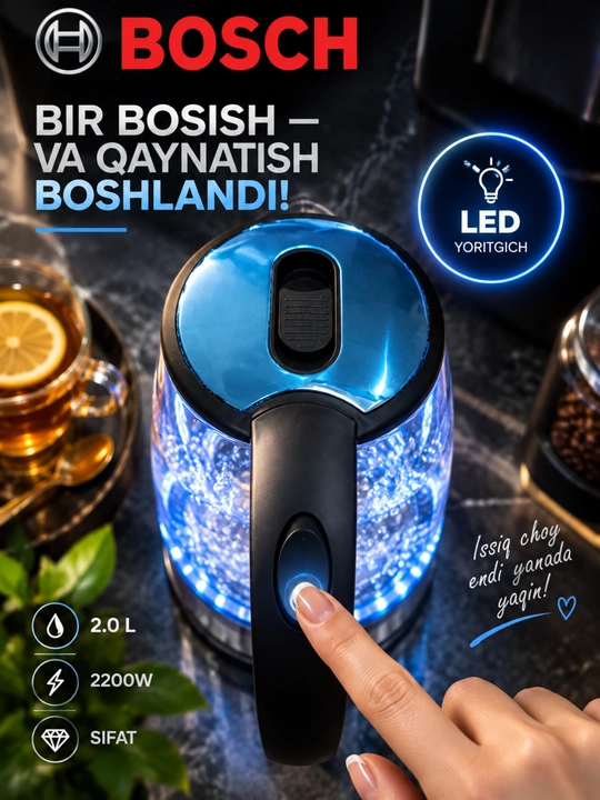 Elektr choynak BOSCH  tefal choynaklar 2.0 L 1500W LED, yoritkichli