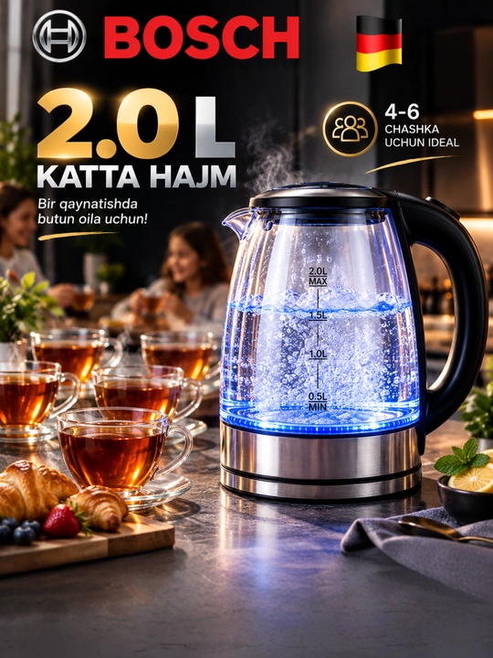 Elektr choynak BOSCH  tefal choynaklar 2.0 L 1500W LED, yoritkichli