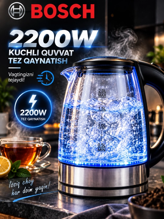Elektr choynak BOSCH  tefal choynaklar 2.0 L 1500W LED, yoritkichli