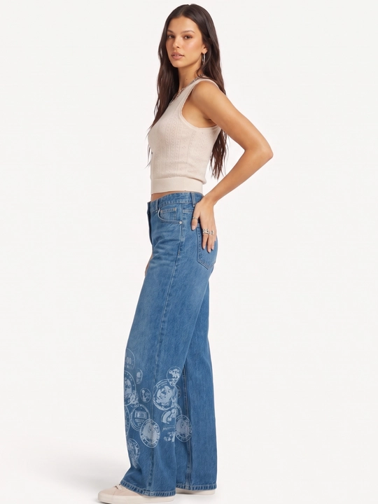 UMA ayollar uchun vintage printli Wide Leg jinsi shim