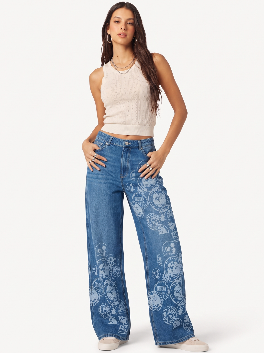 Женские джинсы UMA Wide Leg с винтажным принтом - 