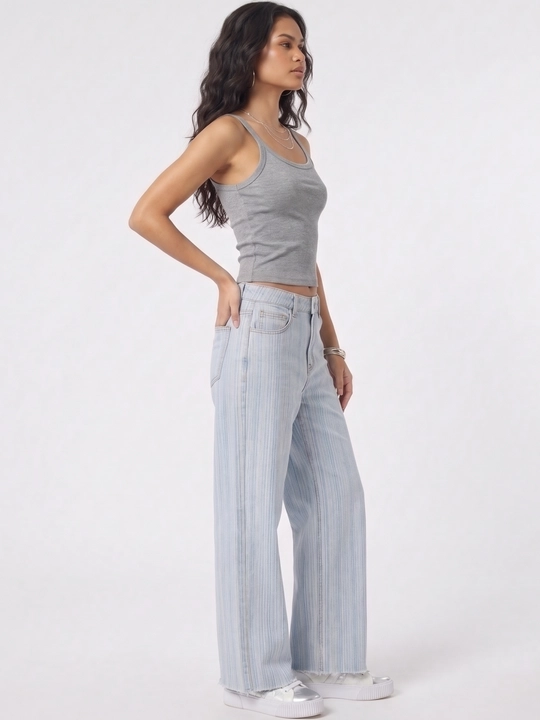 UMA ayollar uchun vertikal yo‘l-yo‘l fakturali Wide Leg jinsi shim