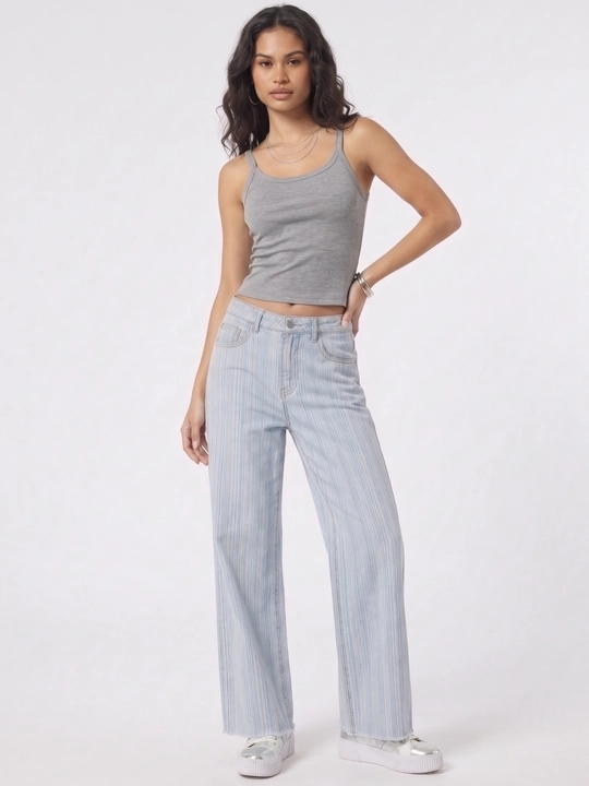 UMA ayollar uchun vertikal yo‘l-yo‘l fakturali Wide Leg jinsi shim