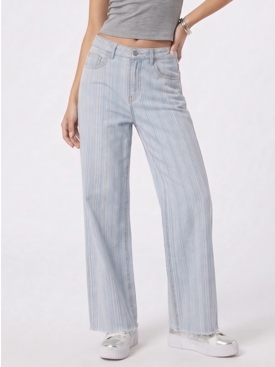 UMA ayollar uchun vertikal yo‘l-yo‘l fakturali Wide Leg jinsi shim