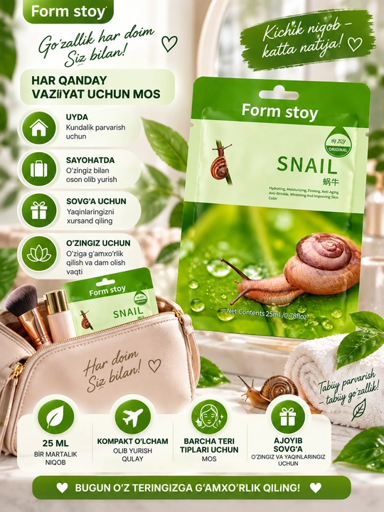 Маска для лица Snail Essence 25 мл, Увлажняет и смягчает кожу