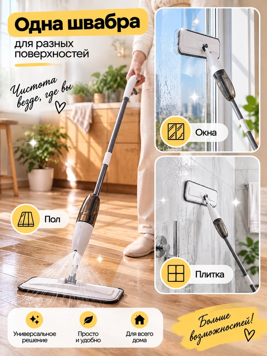 Швабра для мытья пола, швабра с распылителем, швабра для окон, 2 насадки