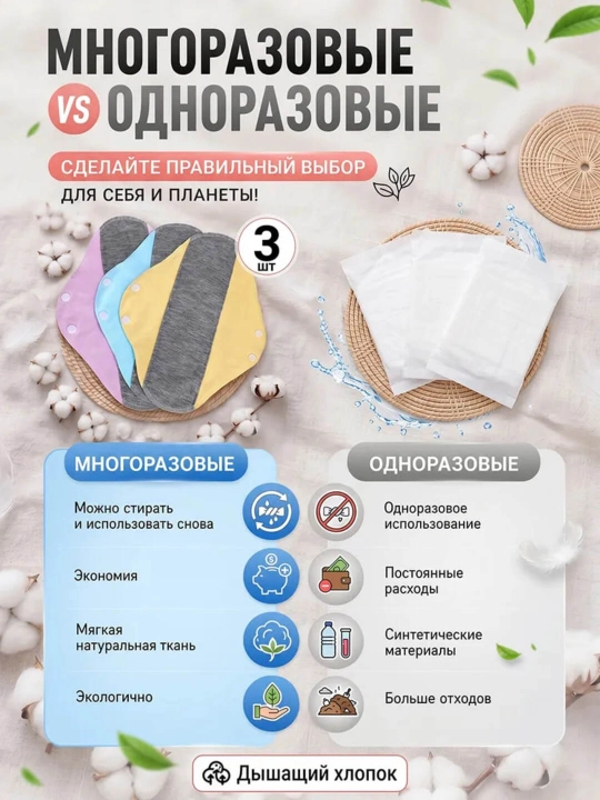 Ayollar uchun ko'p martalik paxtali gigiyenik prokladkalar to'plami, eko va qulay (3 dona)