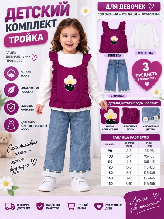 Комплект одежды для девочки из 3 предметов, хлопок, весна-осень - 