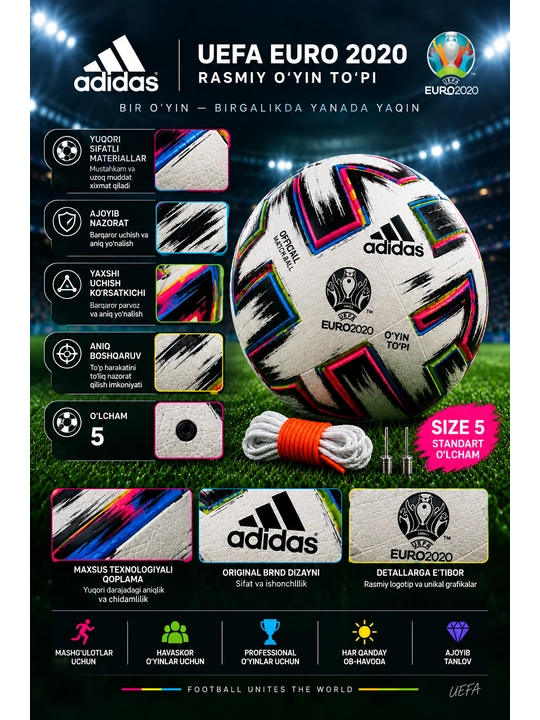 Futbol to‘pi Adidas Uniforia UEFA Euro 2020, 5-o‘lcham, oq-multikolor