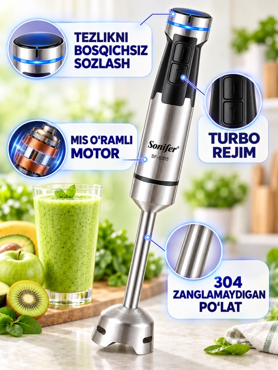Погружной блендер Sonifer SF-8205, 800 Вт, режим Turbo, стальная насадка