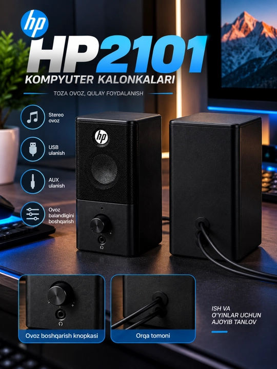 Компьютерные колонки 2.0, USB и AUX подключение, стерео аудиоколонки