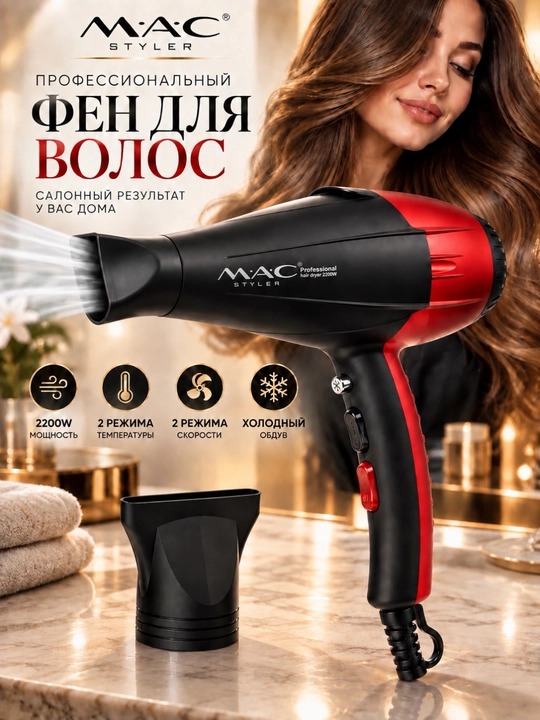 Фен для волос MAC Styler Professional 2200 Вт, 2 скорости, 2 температуры, холодный воздух