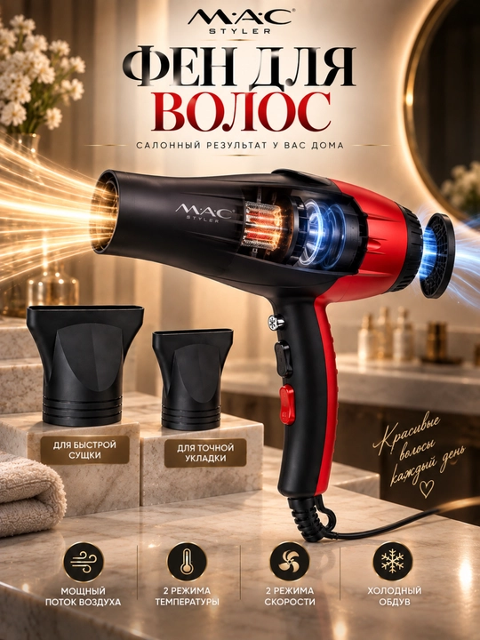 Фен для волос MAC Styler Professional 2200 Вт, 2 скорости, 2 температуры, холодный воздух
