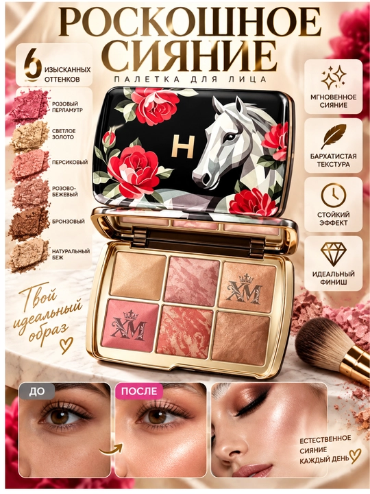 Палетка для лица Hourglass, 6 цветов румян, хайлайтера и  для повседневного макияжа - 