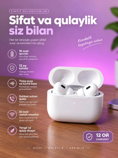 Simsiz quloqchinlar  Pods Pro 2, sensorli Bluetooth,Iphone va Andiroid uchun - 