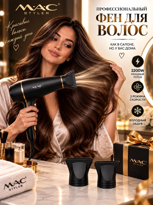 Фен для волос MAC Styler Professional 2200 Вт, 2 скорости, 2 температуры, холодный воздух - 
