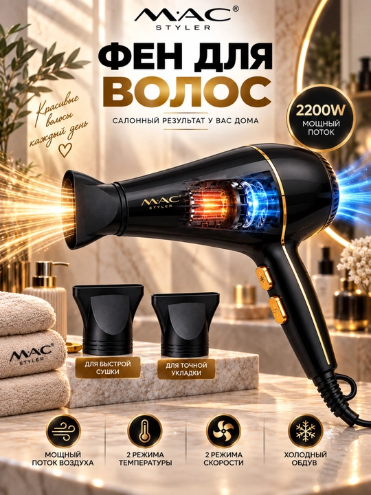 Фен для волос MAC Styler Professional 2200 Вт, 2 скорости, 2 температуры, холодный воздух