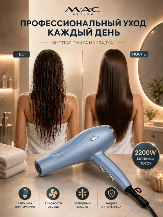 Фен для волос MAC Styler Professional 2200 Вт, 2 скорости, 2 температуры, холодный воздух
